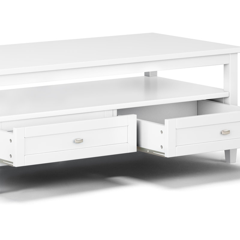 Warm Shaker 48"W Solid Wood Transitional Coffee Table with Storage Drawers and Open Shelf, White