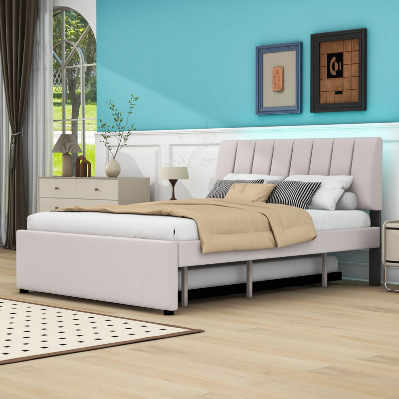 Lit plateforme tapissier classique avec lit gigogne simple Prarthana, Double, Beige