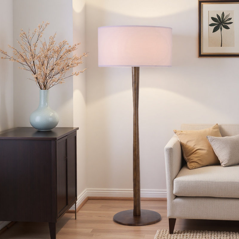 61" Walnut Floor Lamp with 19.7" Large Fabric Drum Shade, Solid Wood Standing Lamp for Living Room, Bedroom, Office & Corner, UL Listed, Bulb Not Included