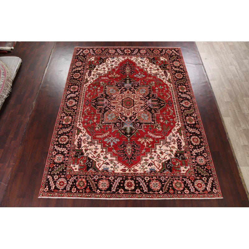 Tapis unique en laine teint à la main rouge / vert / ivoire / noir Heriz Serapi en laine noué à la main 9 pi x 12 pi
