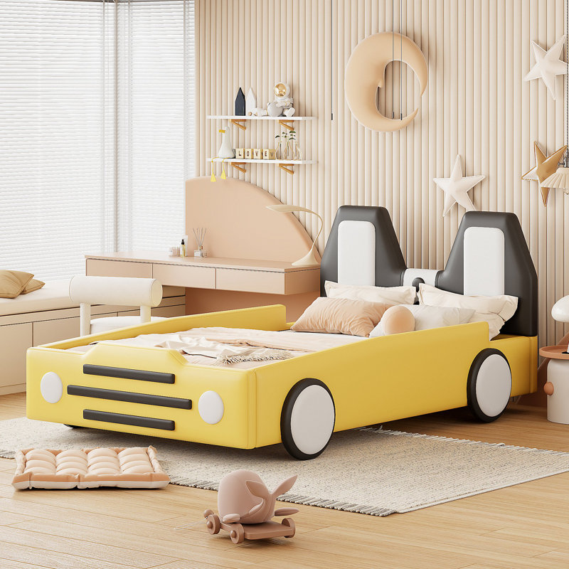 Race Car-Shaped Platform Bed With Wheels, Yellow