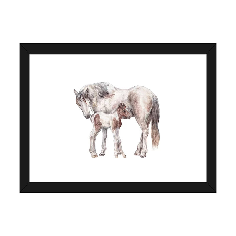 «Horse and Foal» par Wandering Laur - impression d'art graphique, H 16 po x l 24 po x P 1 po, Papier encadré noir, Blanc