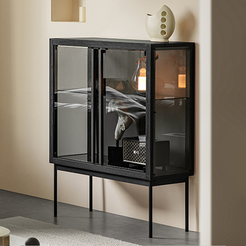 Black Solid Wood+Stainless Steel+Tempered Glass Display Cases, 44.09" H x 29.53" W x 14.17" D