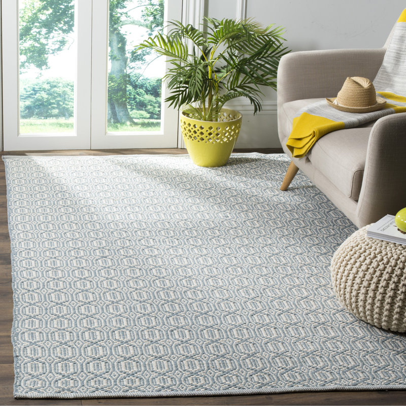 Tapis ivoire / bleu en coton tissé à plat à la main Jodi, Rectangle 6 pi x 9 pi