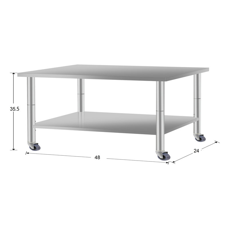 Table de cuisine commerciale de 48 po x 24 po avec roulettes et dessous d'une tablette d'une hauteur de 35,5 po en acier inoxydable pour un service alimentaire fiable