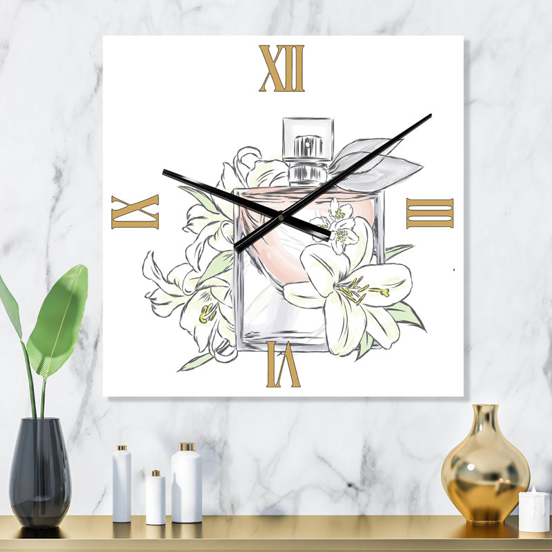 Horloge murale bouteille de parfum et bouquet de fleurs II, Moyen