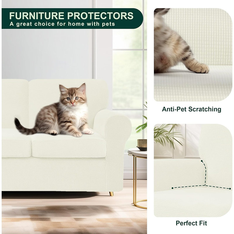 Ensemble de housse de canapé 7 pièces - Grand - crème, lavable, housses extensibles avec dossier et housses de coussin séparés, protecteur de meubles antidérapant pour animaux de compagnie