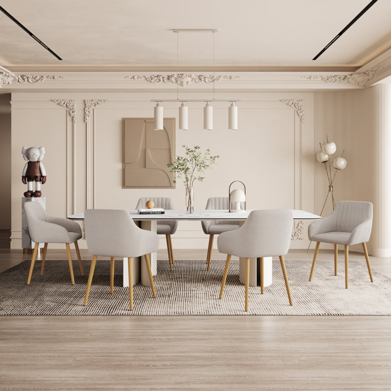 49.5cm H Upholstered Dining Chairs With Wooden Legs, 6, Beige Linen/Natural