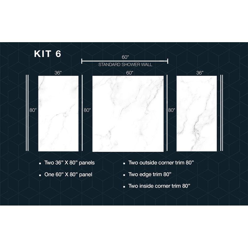 Polymarm 60" W 80" H 36" D Three Wall Composite Shower Wall Panel Surround - Seamless 60" Backwall, Calacatta Venice