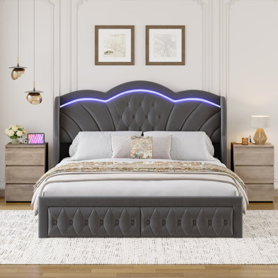 Mouad Velvet Upholstered Bed with Storage and LED Lights 