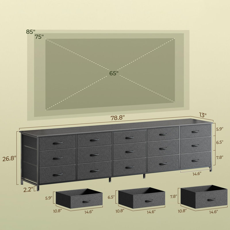 Commode 15 tiroirs en tissu large, 78,7 pouces de long avec console de rangement pour les téléviseurs 65/75/85 pouces, idéal pour l'organisation de la chambre à coucher et du placard