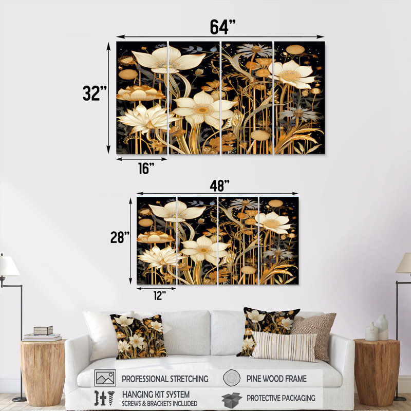 Ensemble de 4 décorations murales Glam White Spring Flowers In The Night - Wildflowers, H 32 po x l 64 po