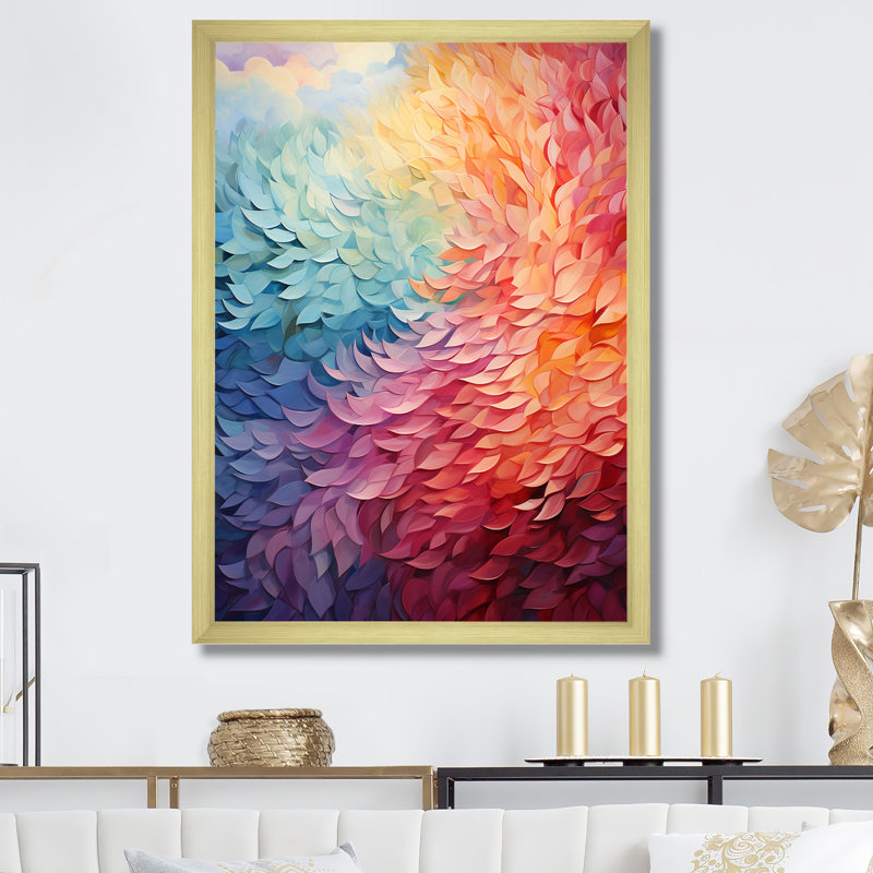 «Dreamy Rainbow Reverie Feathers», reproduction sur toile, Encadrement doré, H 32 po x l 24 po x P 1 po