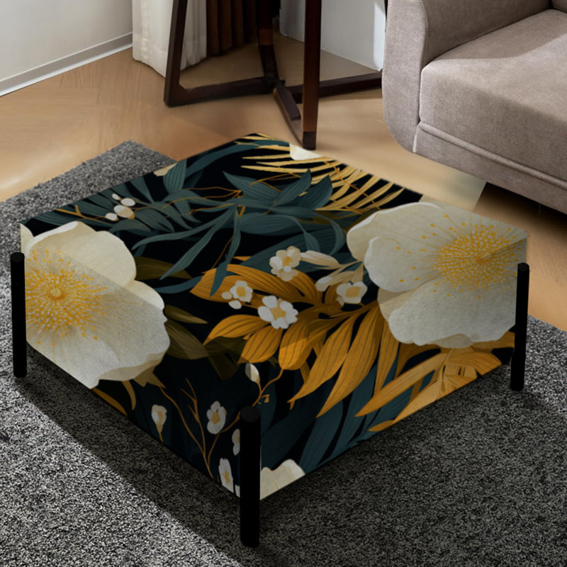 Fleurs jaunes et vertes - Grand repose-pieds carré tropical
