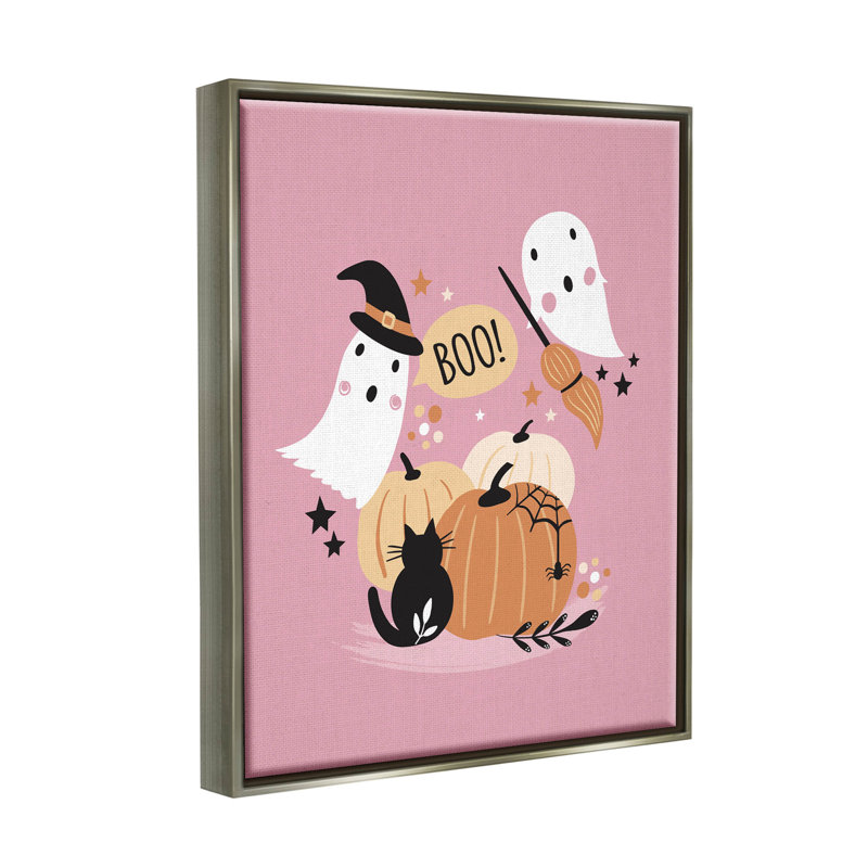 «Pink Boo Halloween Ghost - Floater Frame», impression sur toile, H 31 po x l 25 po x P 1,7 po, Cadre flottant gris lustré