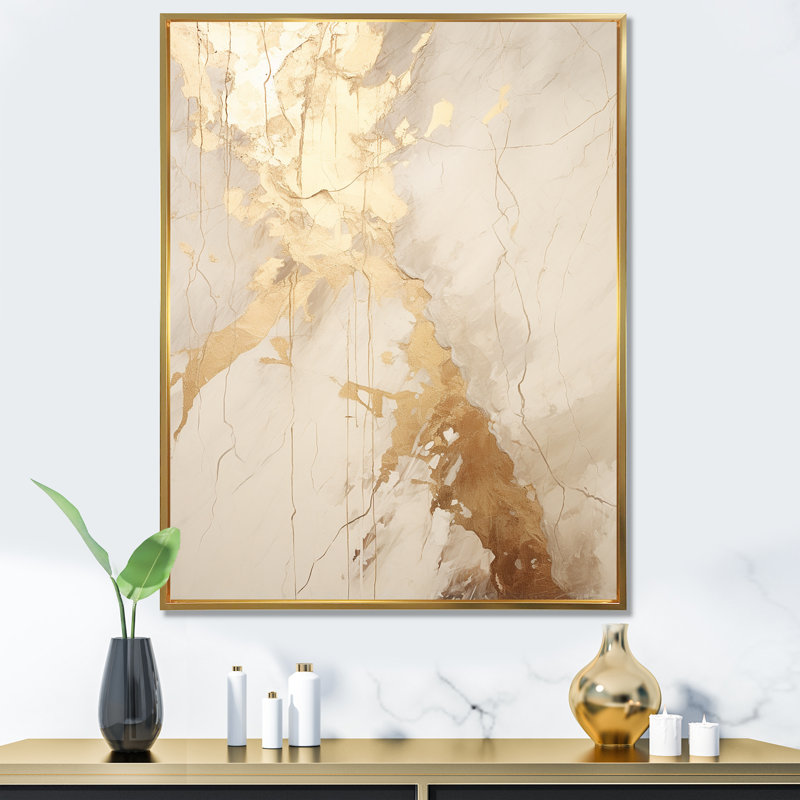 Reproduction sur toile beige et or marbré foudre IV - Formes abstraites, Cadre flottant doré, H 32 po x l 16 po x P 1 po
