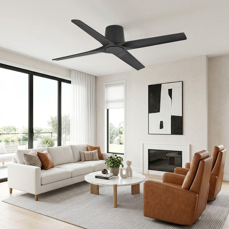 Ventilateur de plafond encastré standard à 4 pales en bois massif avec télécommande, Noir, 48, Noir