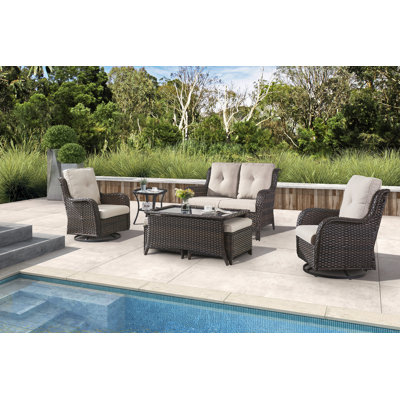 Schutt 7-Piece Outdoor PE Wicker Loveseat Set with Swivel Rockers, Side Table & Tempered Glass Coffee Table - All-Weather Patio Furniture with Ottoman Storage