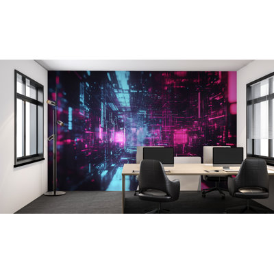 Digital Neon Tunnel Wallpaper – Immersive Pink And Blue Sci-Fi Circuitry Wall Mural For Gaming And Office Spaces 