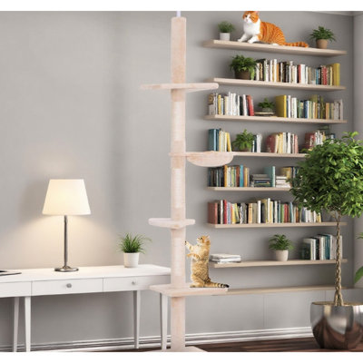 Tour pour arbre à chat réglable du plancher au plafond (90,5 po à 102,25 po) avec 5 plateformes moelleuses et un poteau à griffer en sisal - beige