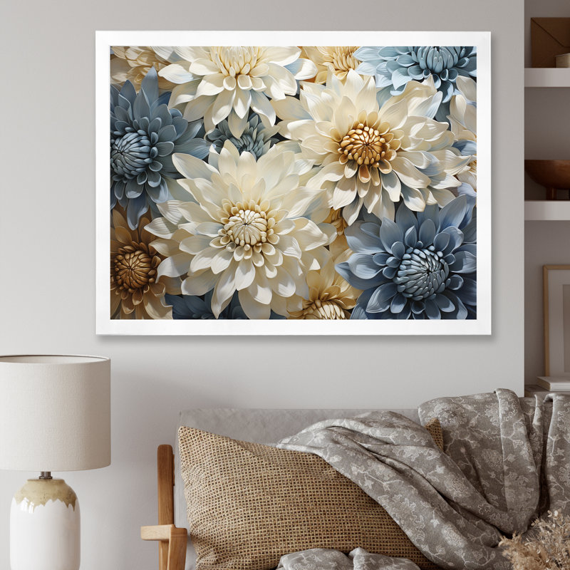 «Chrysanthemums White Blue Mosaic Garden», reproduction sur toile, H 16 po x l 32 po x P 1 po, Cadre simple blanc