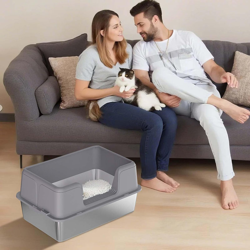 Stainless Steel Litter Box with Scoop, Grey, 31.5cm H x 39.9cm W x 59.9cm D