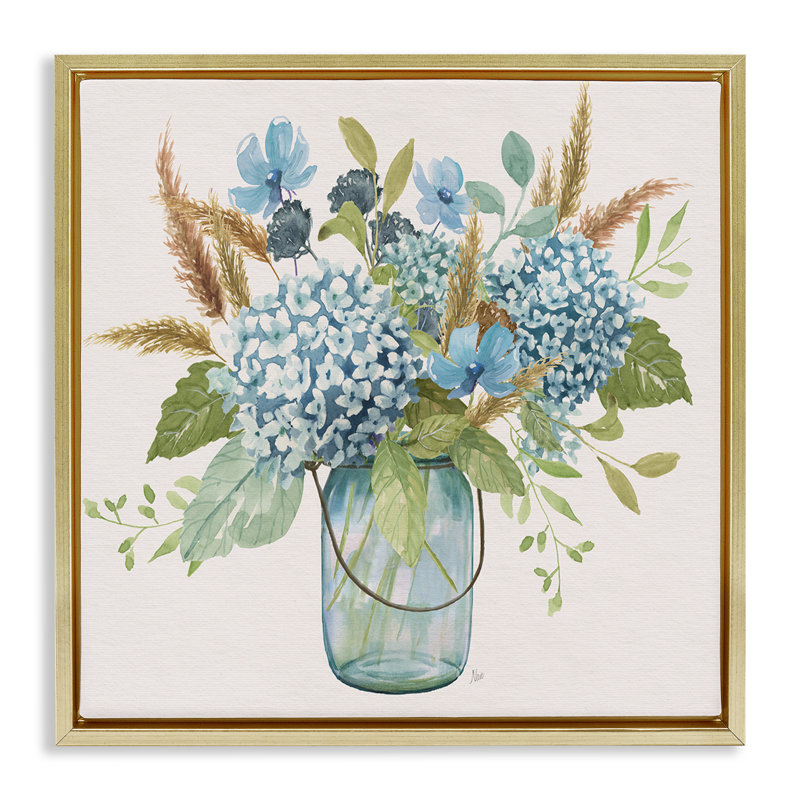 Hydrangea in Mason Jar Floating Frame, design by Nan, 18" H x 18" W, Metallic Gold Floater Frame