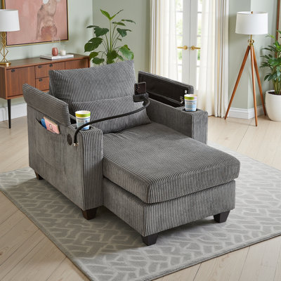 Convertible Corduroy Chaise Lounge Chair with USB, Cup Holders & Storage Armrests by Mercer41