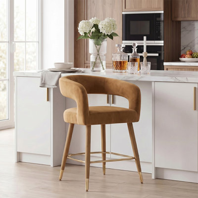 Tabouret de bar 24 po en velours à hauteur de comptoir avec repose-pieds doré