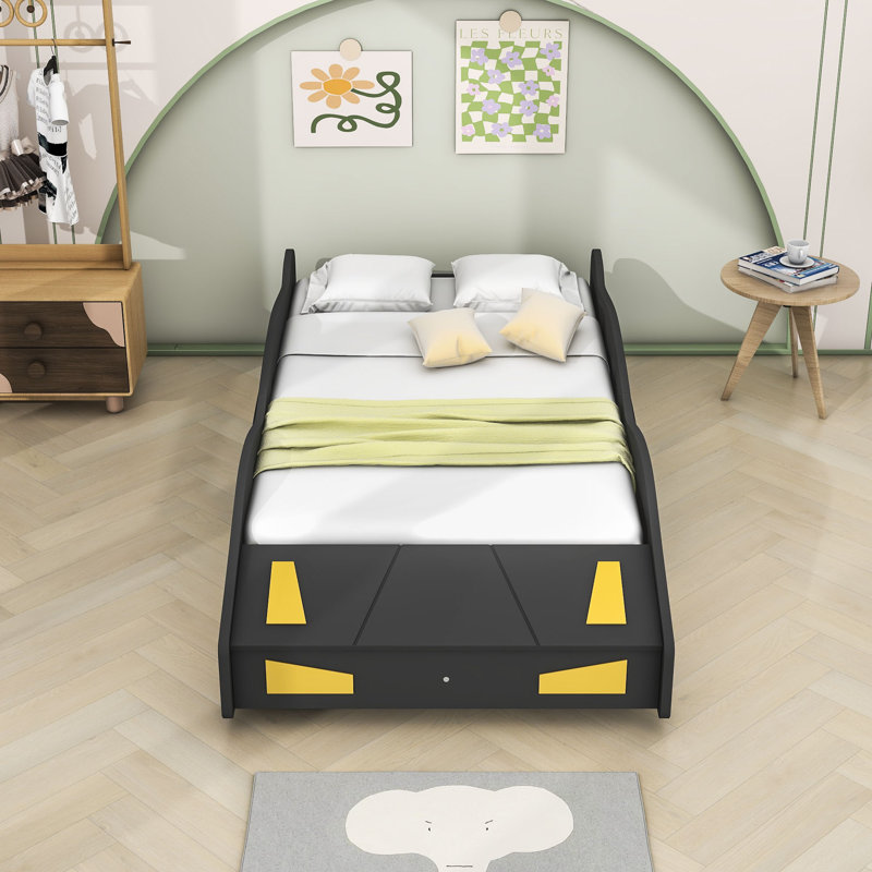 Lit plateforme en bois avec roulettes et espace de rangement Advaith, Noir / jaune