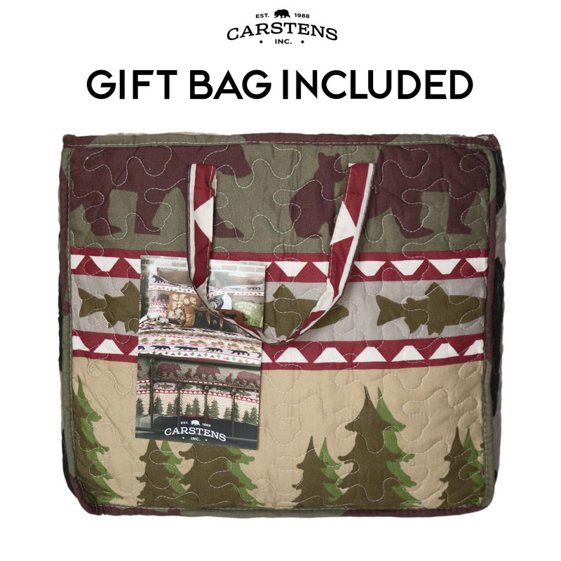Rustic Queen Microfiber Quilt Set with Bear and Pine Tree Pattern