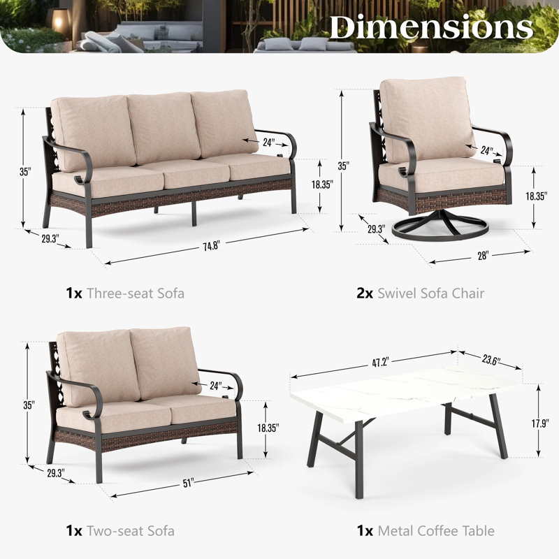7-Person Patio Conversation Set With Loveseat & Swivel Lounge Chairs, Beige