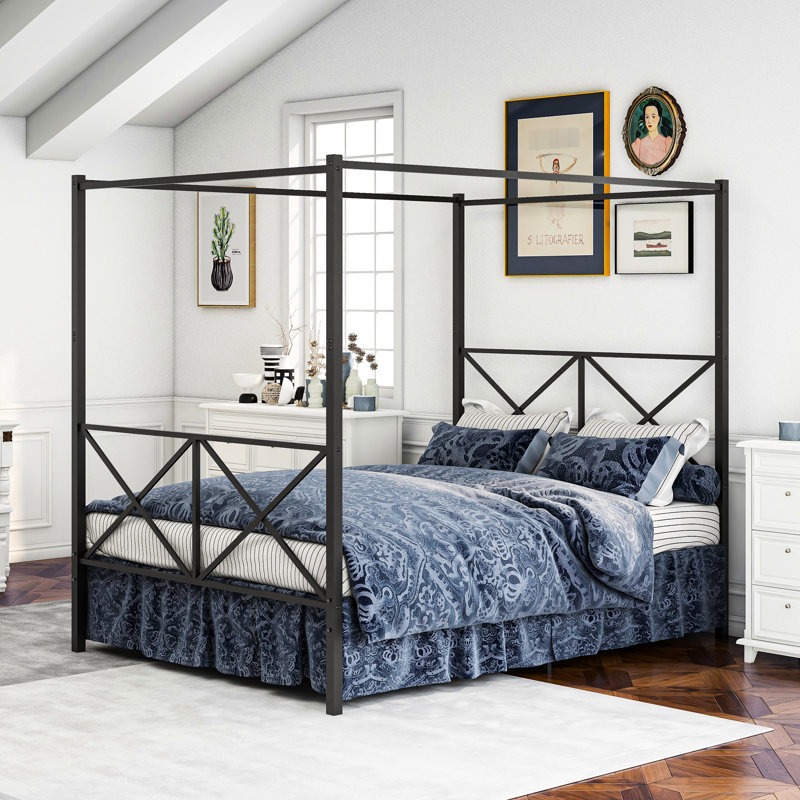 Queen Bed Frame Metal, Canopy Design, Supports Up To 500 Lbs, Black, No Box Spring Required, Fits Standard Metal With Canopy, Strong & Stable Frame, Noise-, All Mattresses