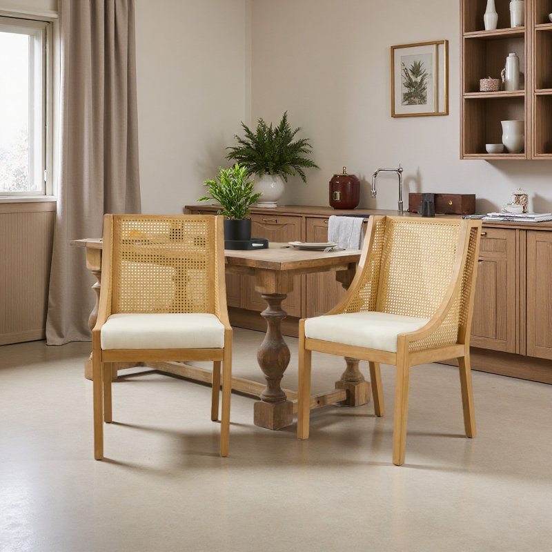 Chaises de salle à manger en rotin de style rustique en bois, chaises d'appoint à structure en bois massif avec accoudoirs décoratifs et siège rembourré en lin
