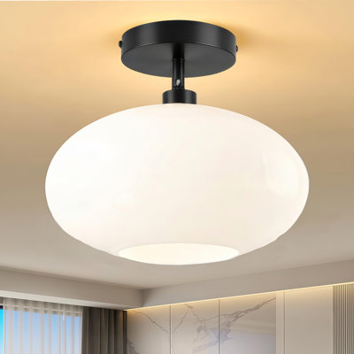 Black Semi Flush Mount Ceiling Light,Milk Glass Light Fixture,Mid Century Modern Light Fixture,Hallway Light Fixtures,Kitchen Ceiling Light,Sloped Ceiling Light Fixtures for Bedroom Foyer