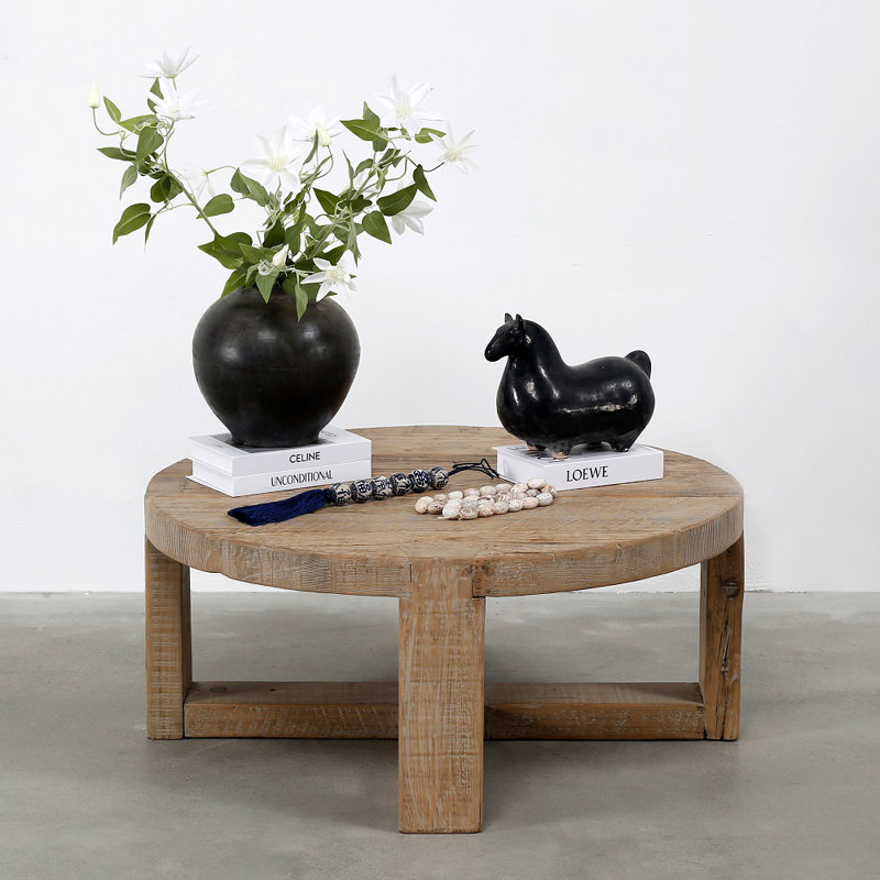 Round Weathered Wood Coffee Table with Cross Legs