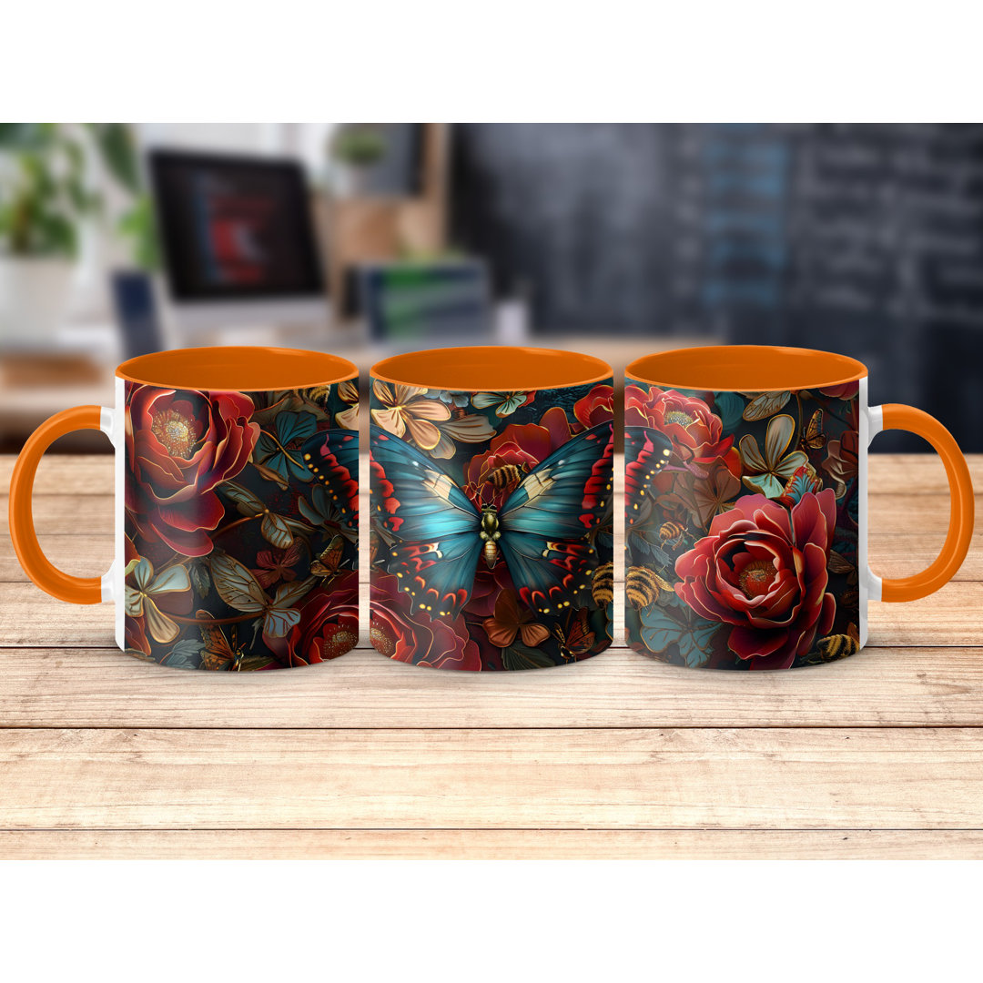 Set of 3 Butterfly Design 11oz Accent Mugs – White Ceramic Coffee Cup with an Orange Handle and Interior