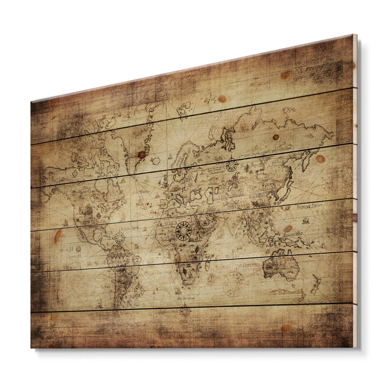 Ancienne carte du monde IV - reproduction rétro sur bois de pin naturel, H 10 po x l 20 po x P 0,78 po