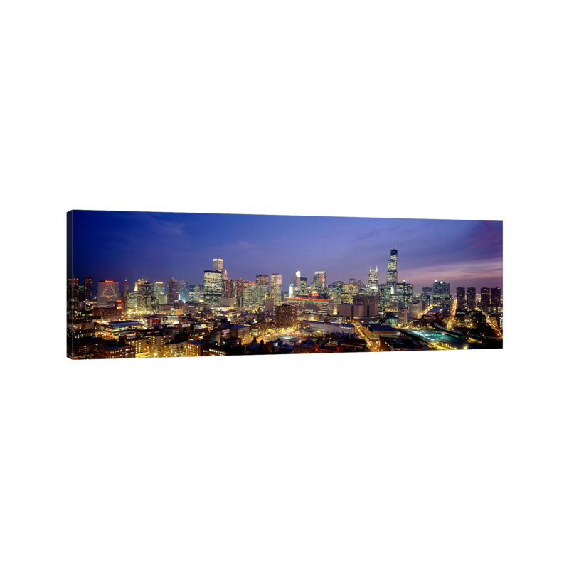 High Angle View of Buildings Lit up at Dusk, Chicago, Illinois, USA 1 Piece Wrapped Canvas Panoramic Wall Art