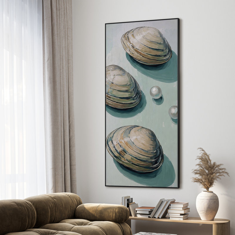 Très grande reproduction d'art sur tissu - Coquilles de palourdes côtières et perles sur fond bleu pour le salon ou la chambre à coucher - «Assemblage requis du cadre (cadre non fini)»