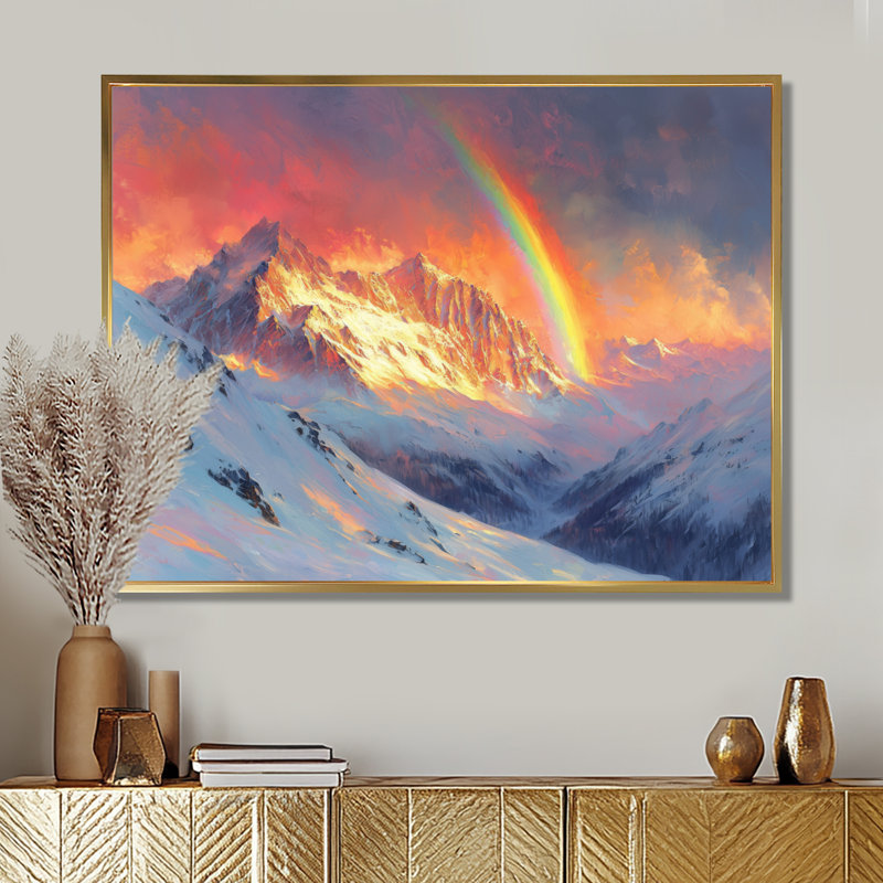 Rainbow Over The Snowy Peaks I - Rainbow Wall Art, H 16 po x l 32 po, Cadre flottant doré