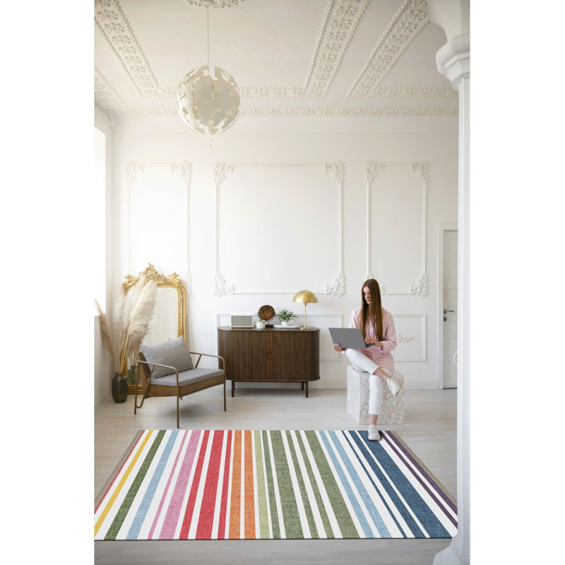 Tapis décoratif multicolore à rayures multicolores lavable à la machine, Sous-tapis rectangulaire de 3 pi 3 po x 4 pi 11 po