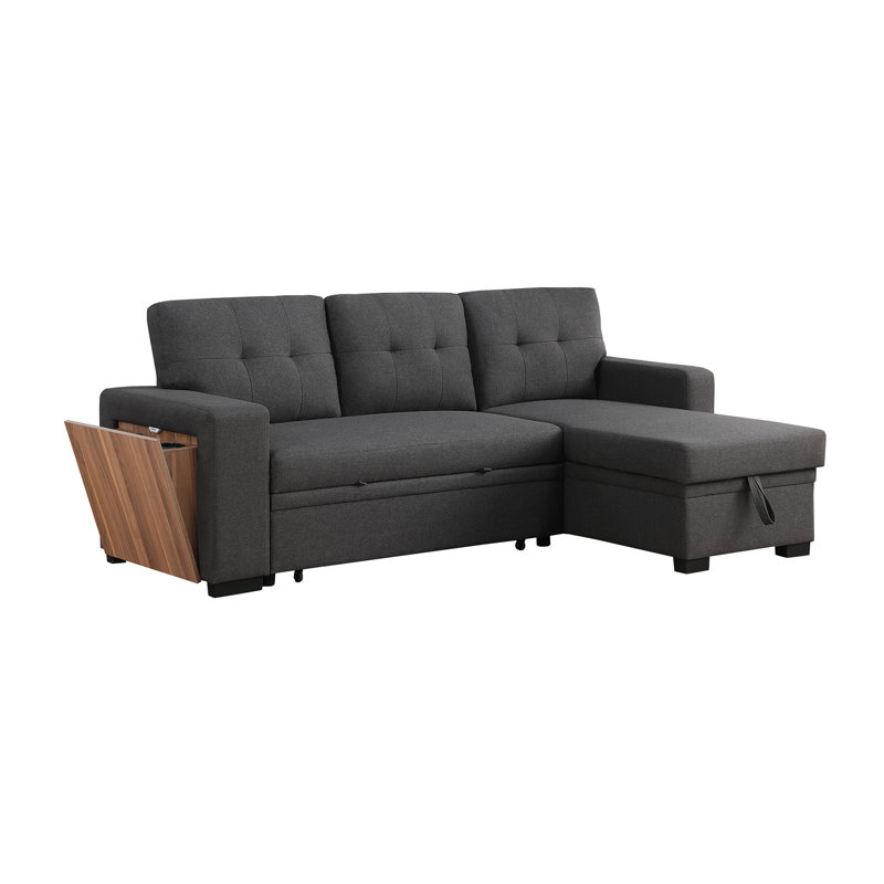 92" Modern Linen Pull Out Sectional Sofa With Storage Chaise,USB Port And Cup Holder, Gray Linen