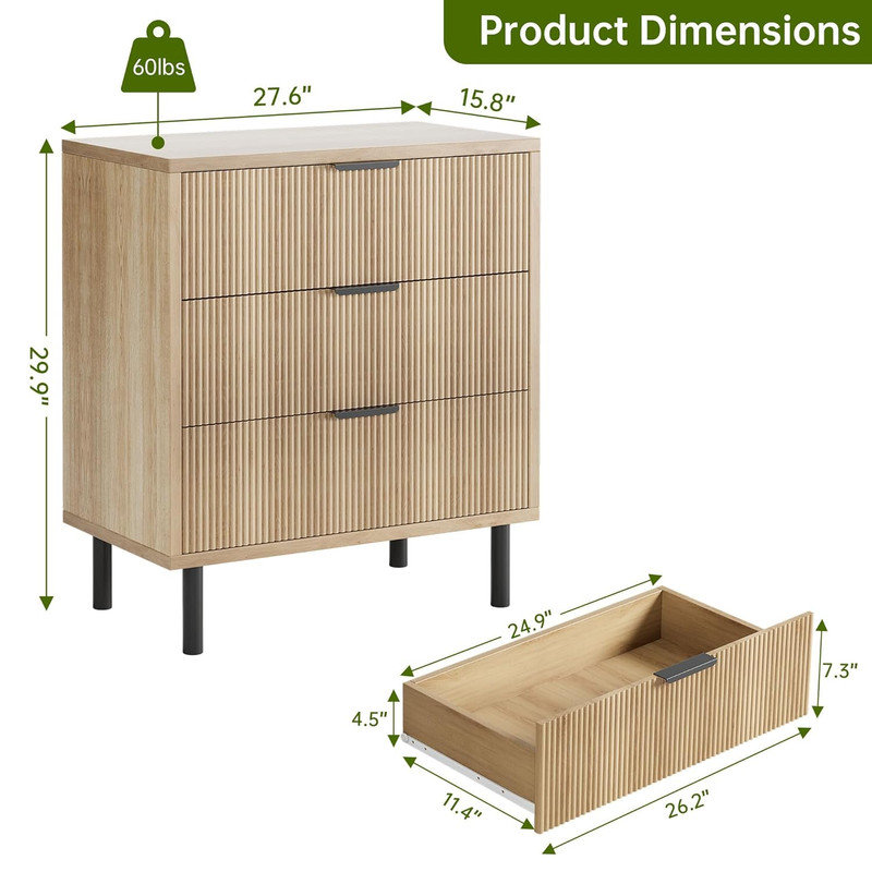 Wave Fluted 3-Drawer Dresser, 28" Wide Chest with Anti-Tip Device, Metal Legs for Bedroom, Entryway, Small Spaces, Brown