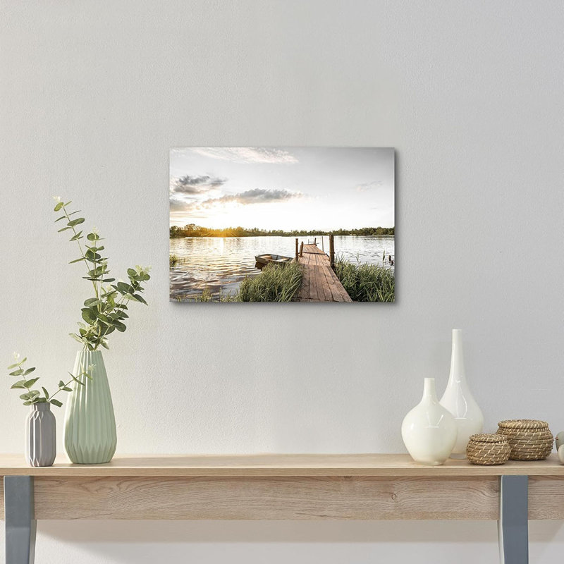 Canvas Wall Art: Boat Picture Nature Landscape Prints Lakeside Reed Painting Dock Scene Artwork for Bedroom Living Room Home Office