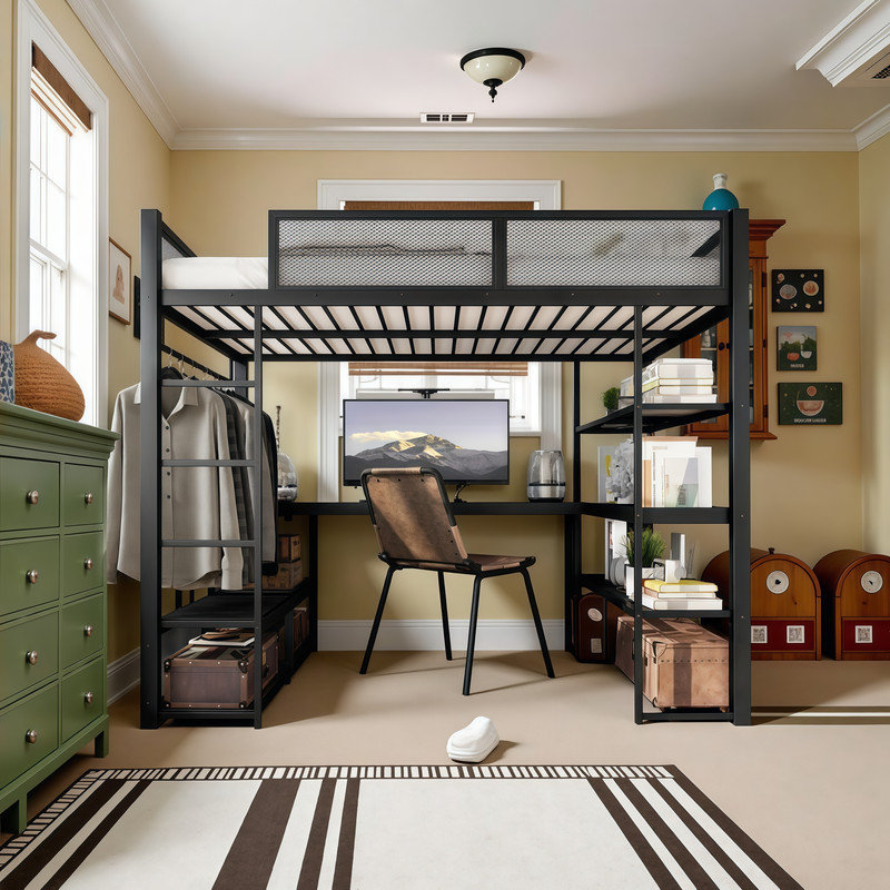 Grand lit mezzanine en métal avec tablettes de rangement, bureau et tringle à vêtements
