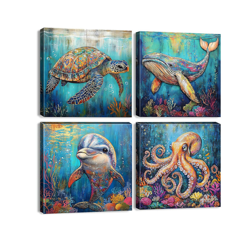 Beach Animal Wall Art Sea Turtle Bathroom Wall Decor Watercolor Octopus Whale Dolphin Pictures Canvas Prints Ocean Nursery Paintings Abstract Coastal Marine Life Posters Artwork Decoration 12x12" 4P