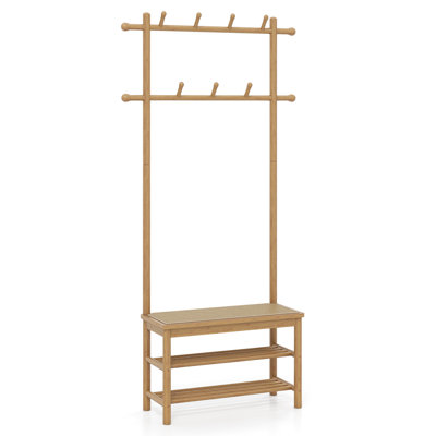 Portemanteaux en bambou avec rangement pour chaussures 2 tringles à suspendre 11 tablettes à crochets suspendus beige