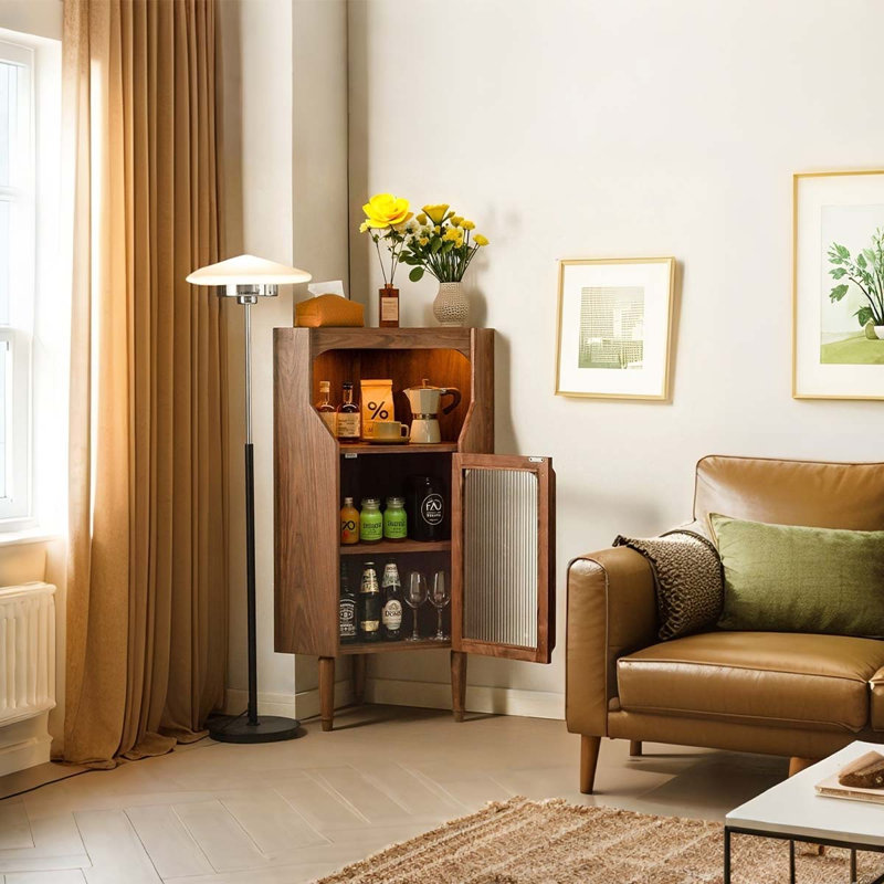Corps d'armoire triangulaire en bois de noyer noir brun de 47,44 po, armoire à vin avec panneau arrière en bois massif brun multicouche