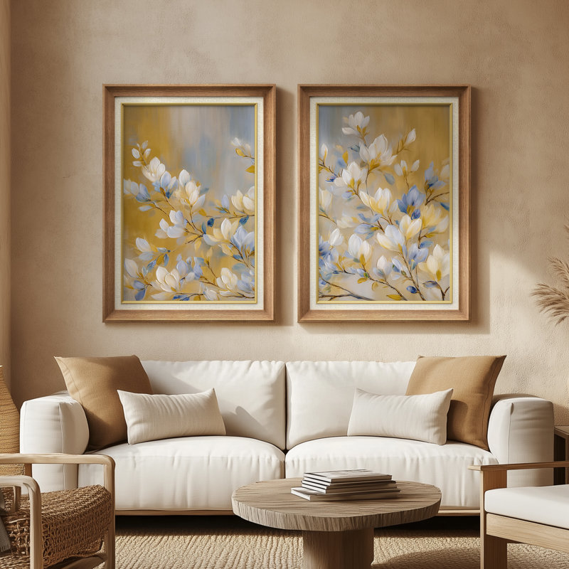 «Magnolias blanc sur fond bleu sarcelle», ensemble de 2 reproductions d'art encadrées de qualité supérieure sur papier 26 po x 36 po